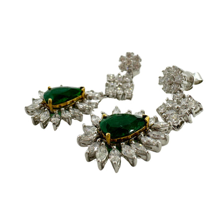 18K Two Tone Marquise Cut Diamond and Pear Cut Emerald Drop Earrings