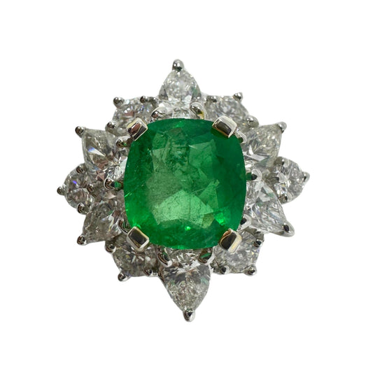 18K White Gold Pear Cut Diamond and 1.64 Carat Round Cut Emerald Ring - Size 6.5