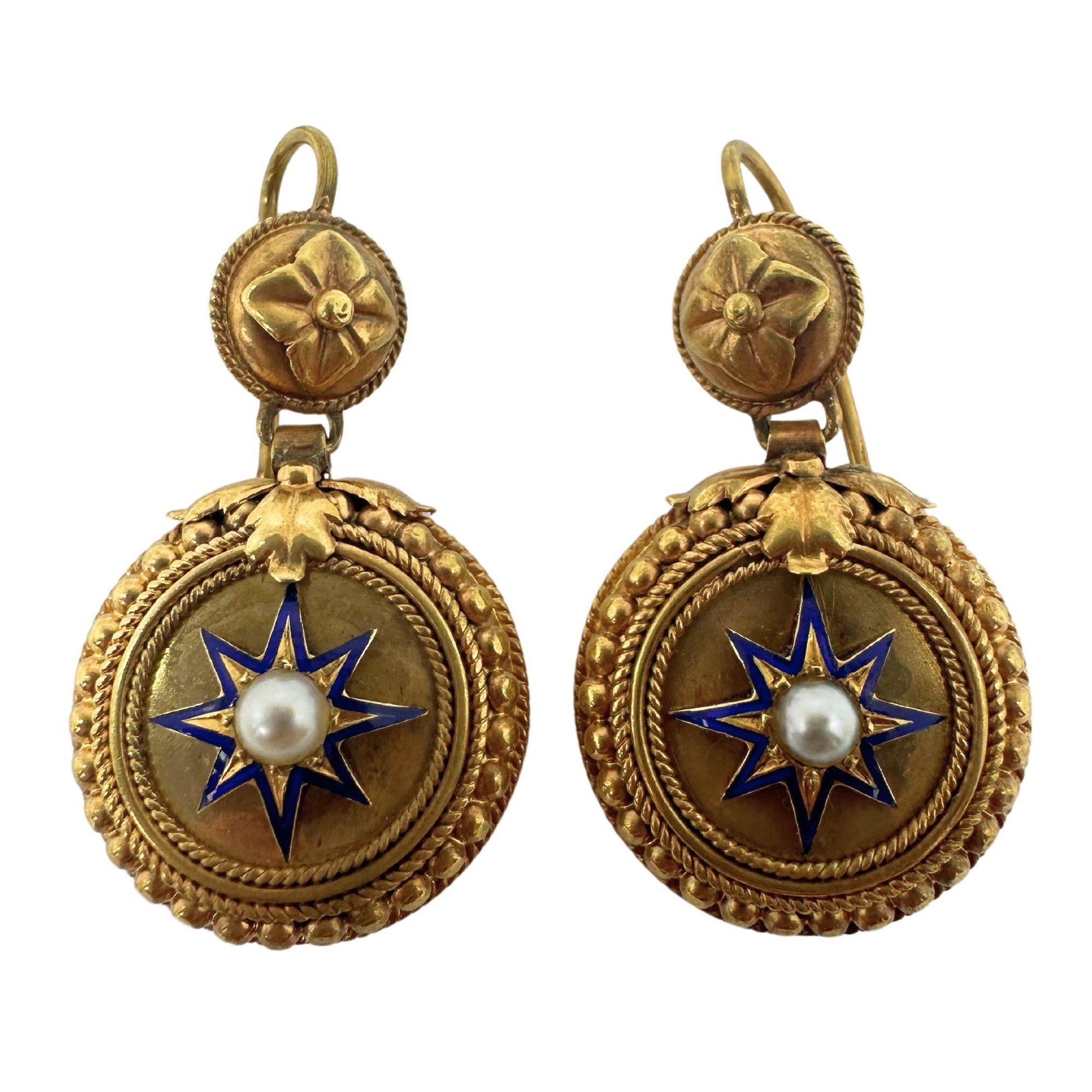 14k Victorian Pearl and Blue Enamel Drop Earrings