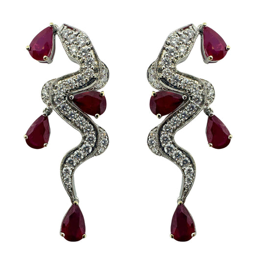 18K White Gold Diamond and Pear Shaped Ruby Earrings