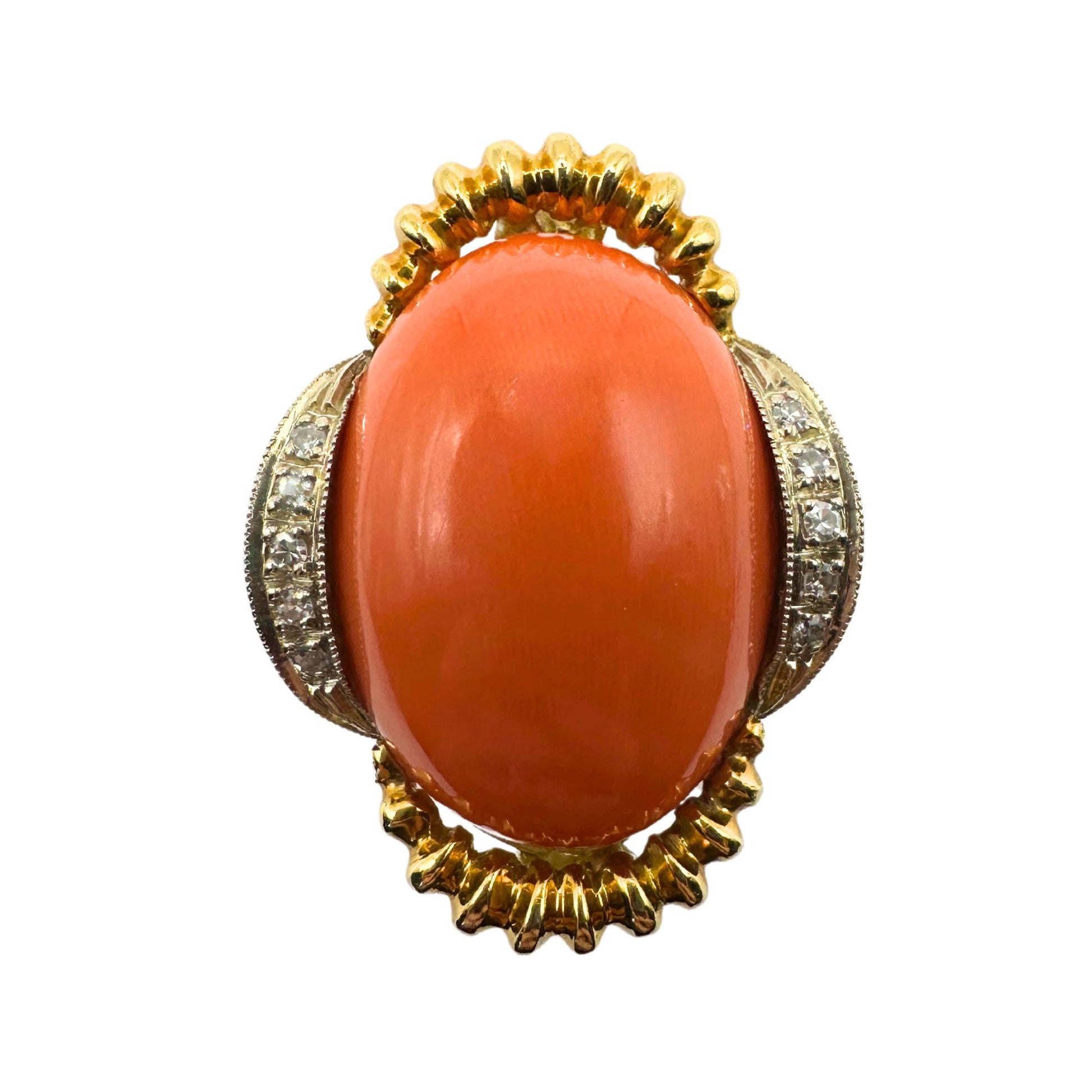 18k 1960's Coral and Diamond Cocktail Ring Marked Italy