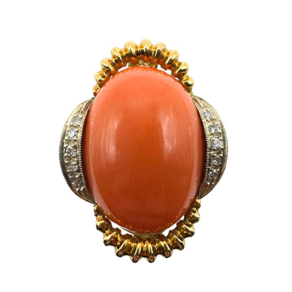 18k 1960's Coral and Diamond Cocktail Ring Marked Italy