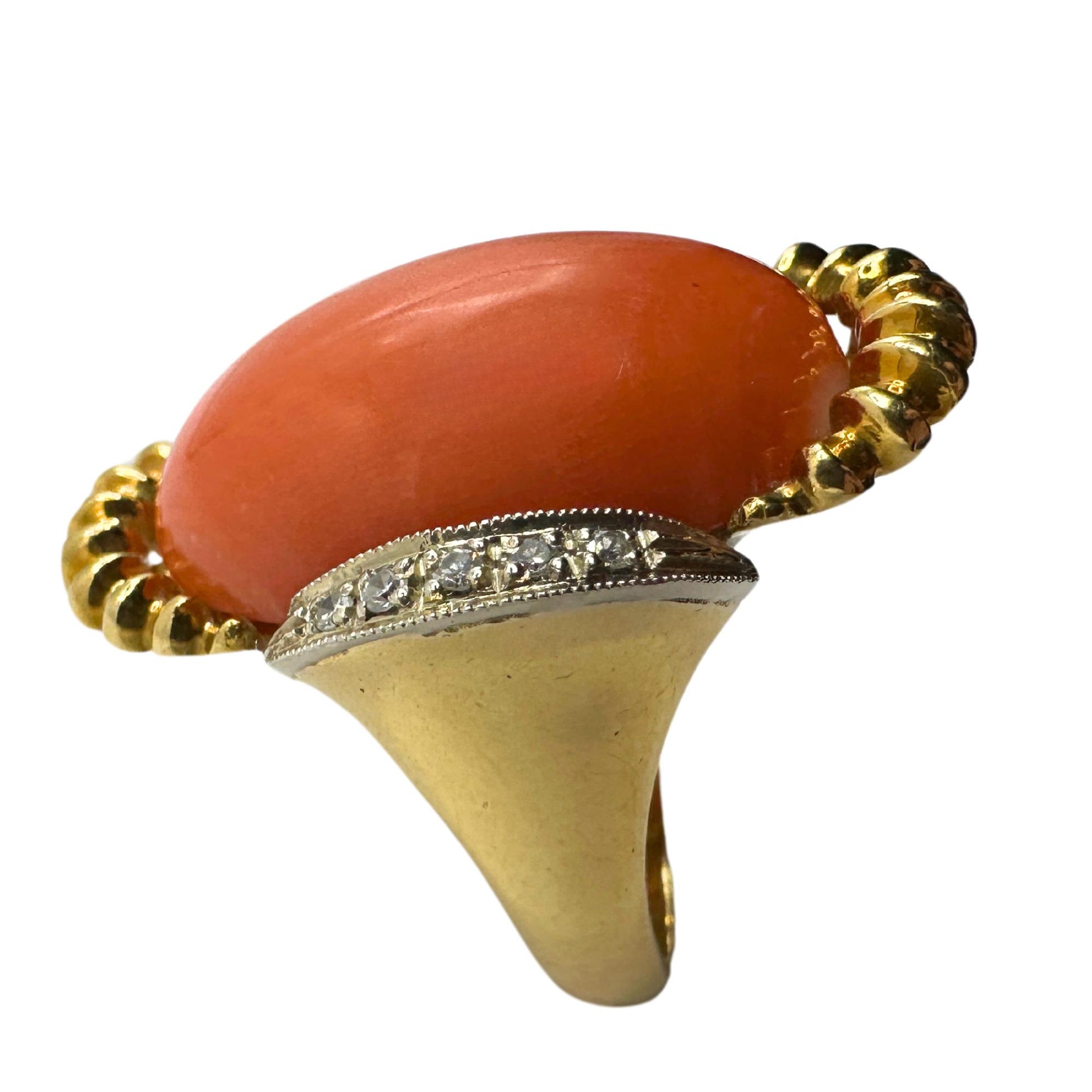 18k 1960's Coral and Diamond Cocktail Ring Marked Italy