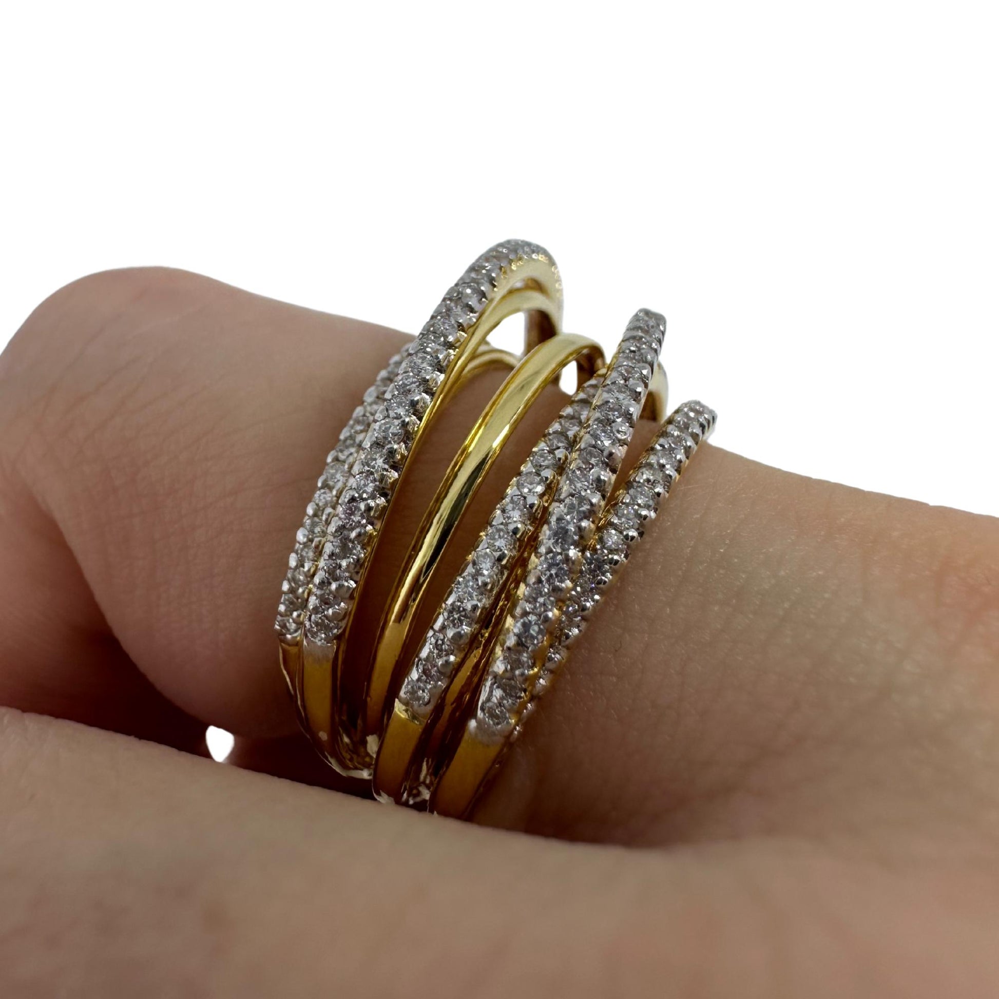 18K Yellow Gold Diamond Crossover Wide Band Ring