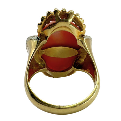 18k 1960's Coral and Diamond Cocktail Ring Marked Italy