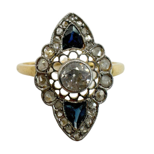 18k Art Deco Rose Cut Diamond and Sapphire Navette Shaped Ring