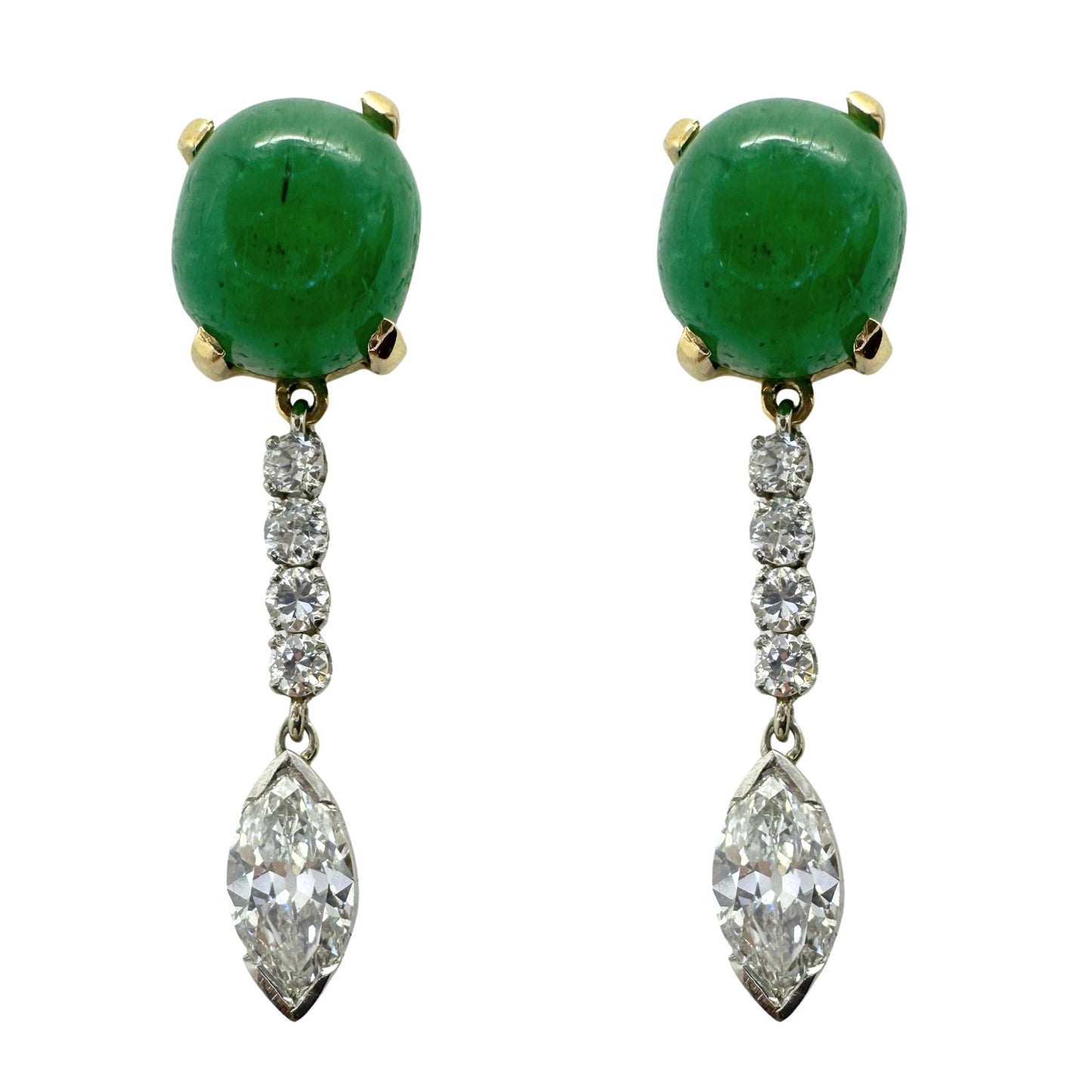 1940's Platinum and 18k Diamond and Cabochon Emerald Earrings