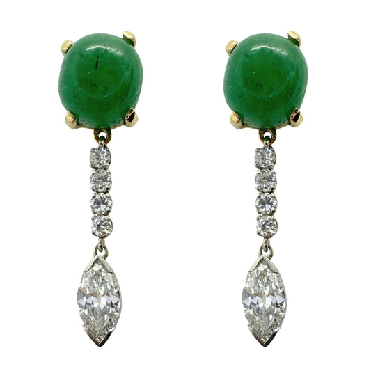 1940's Platinum and 18k Diamond and Cabochon Emerald Earrings