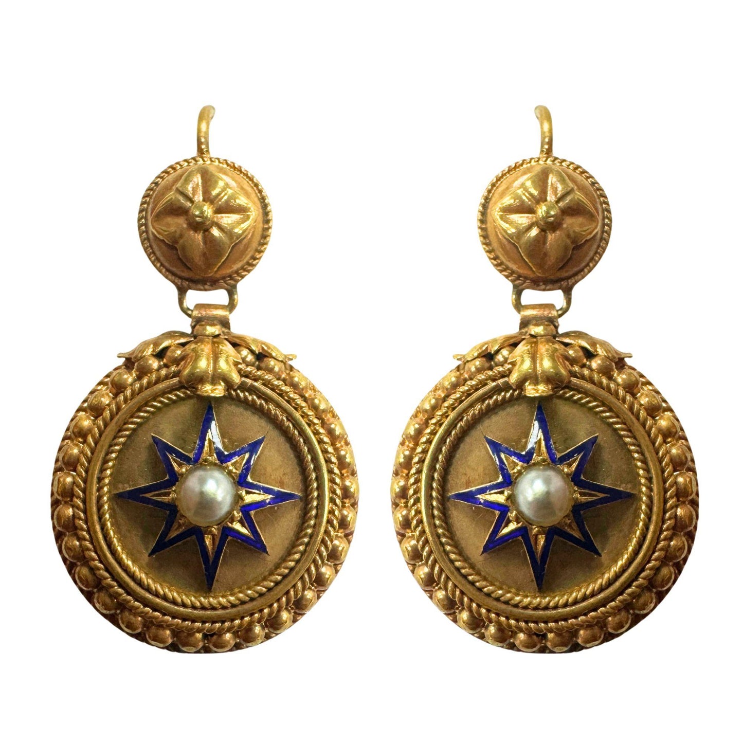 14k Victorian Pearl and Blue Enamel Drop Earrings