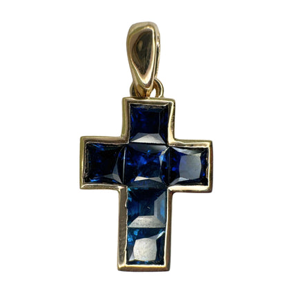 14K Yellow Gold 1.35 Carat Sapphire Cross Pendant