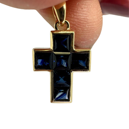 14K Yellow Gold 1.35 Carat Sapphire Cross Pendant