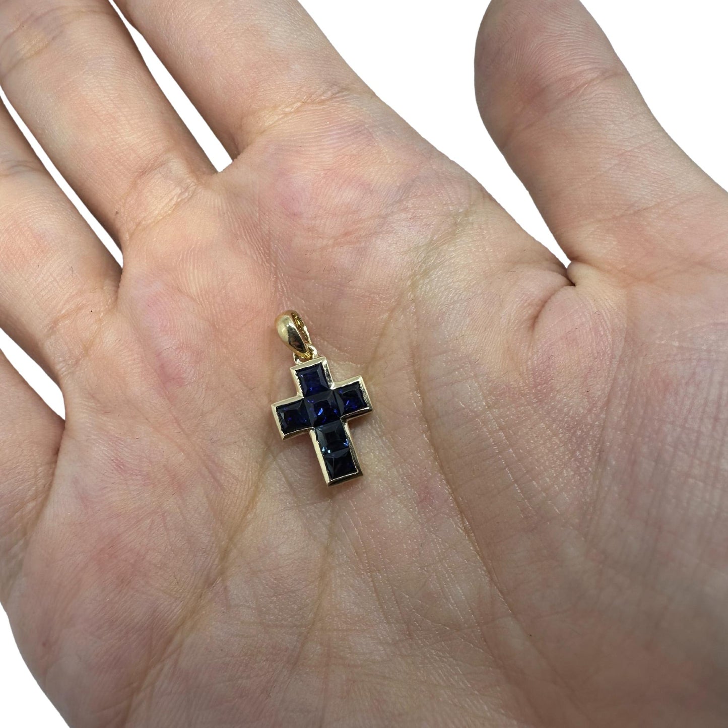 14K Yellow Gold 1.35 Carat Sapphire Cross Pendant