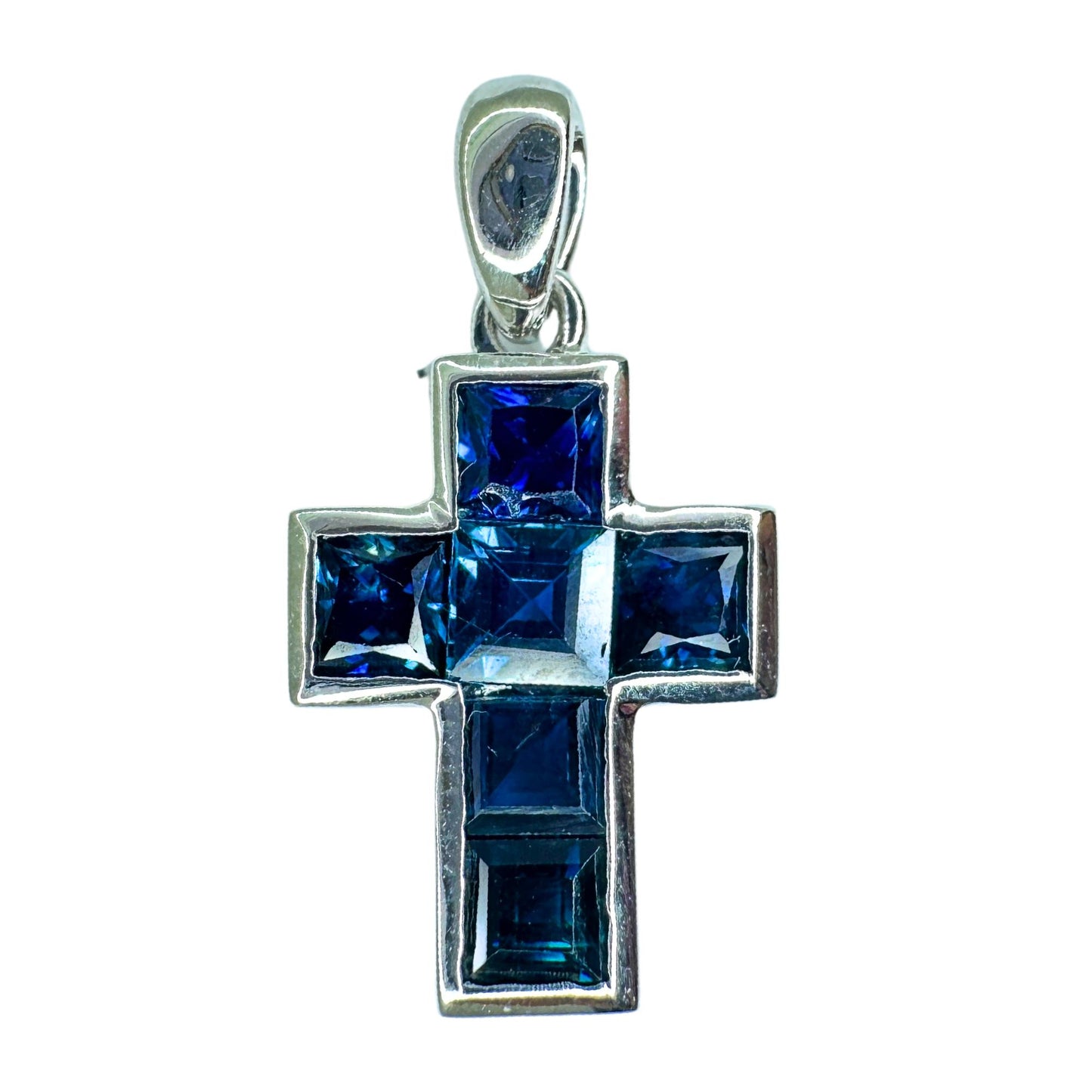 14K White Gold 1.34 Carat Sapphire Cross Pendant