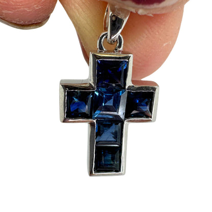 14K White Gold 1.34 Carat Sapphire Cross Pendant