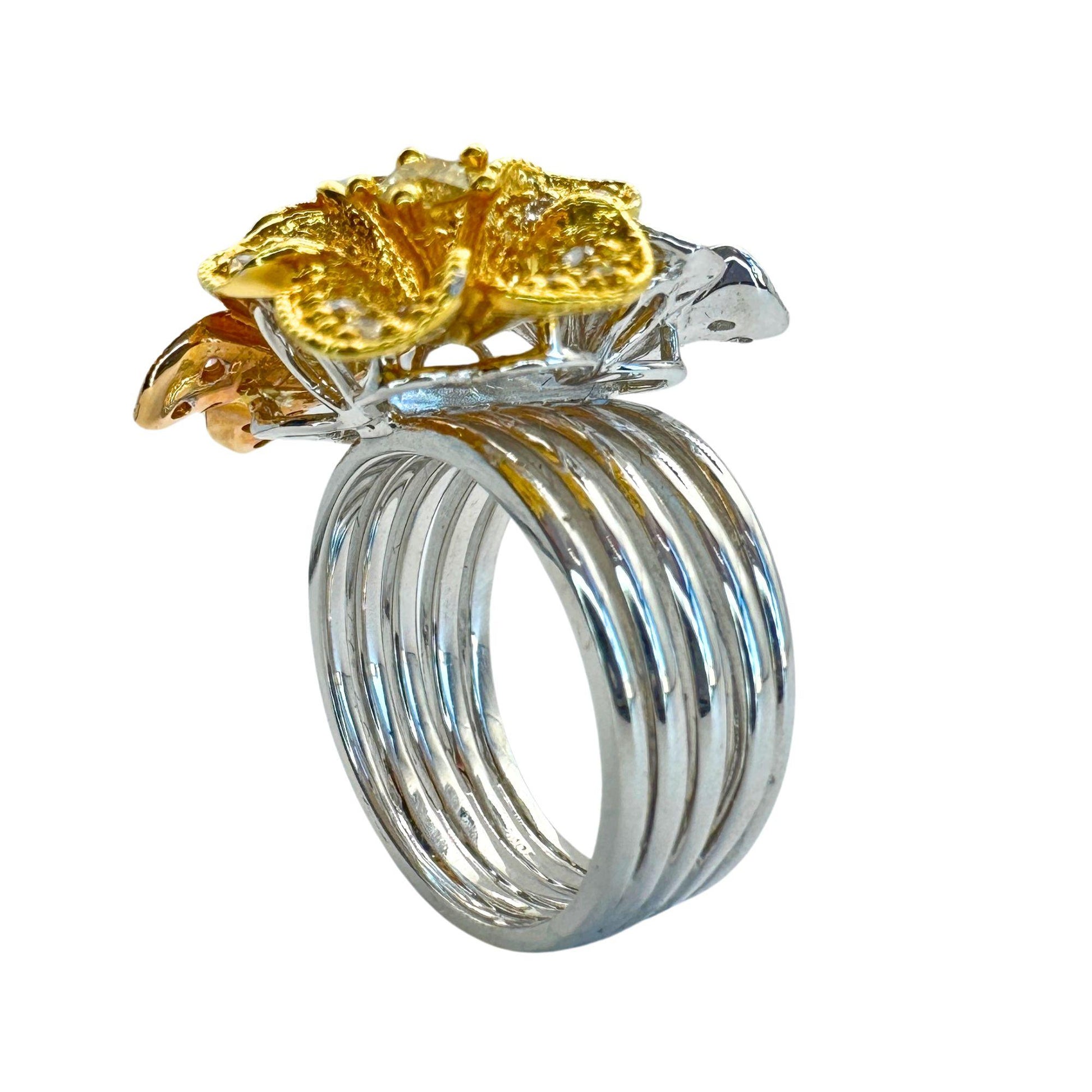 18K Rose, Yellow & White Gold 1.31 Carat Diamond Floral Cocktail Ring - Size 6.5