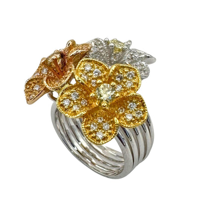 18K Rose, Yellow & White Gold 1.31 Carat Diamond Floral Cocktail Ring - Size 6.5