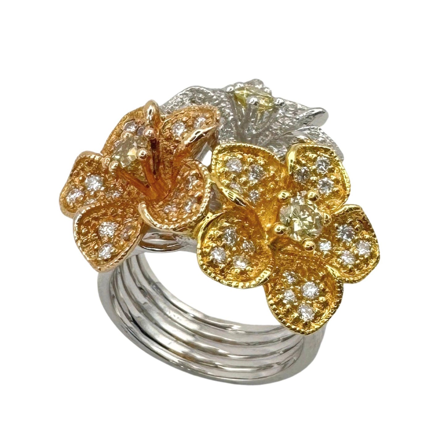 18K Rose, Yellow & White Gold 1.31 Carat Diamond Floral Cocktail Ring - Size 6.5