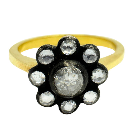 18K Yellow Gold and Silver Top Rose Cut Diamond Flower Ring