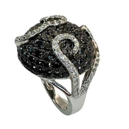 18K White Gold 2.86 Carat Black and White Diamond Cocktail Swirl Ring