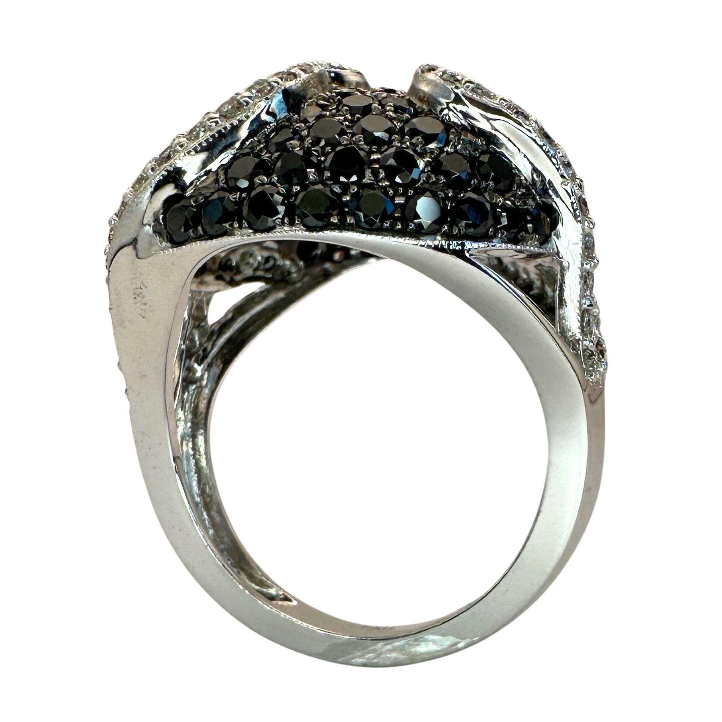 18K White Gold 2.86 Carat Black and White Diamond Cocktail Swirl Ring