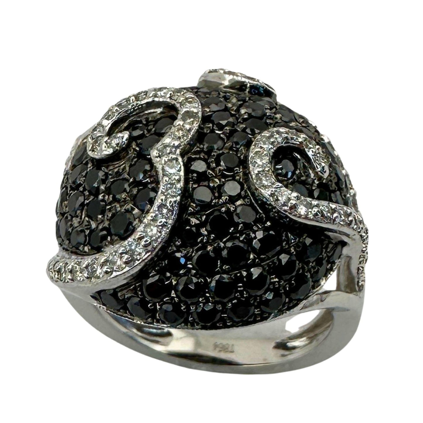 18K White Gold 2.86 Carat Black and White Diamond Cocktail Swirl Ring