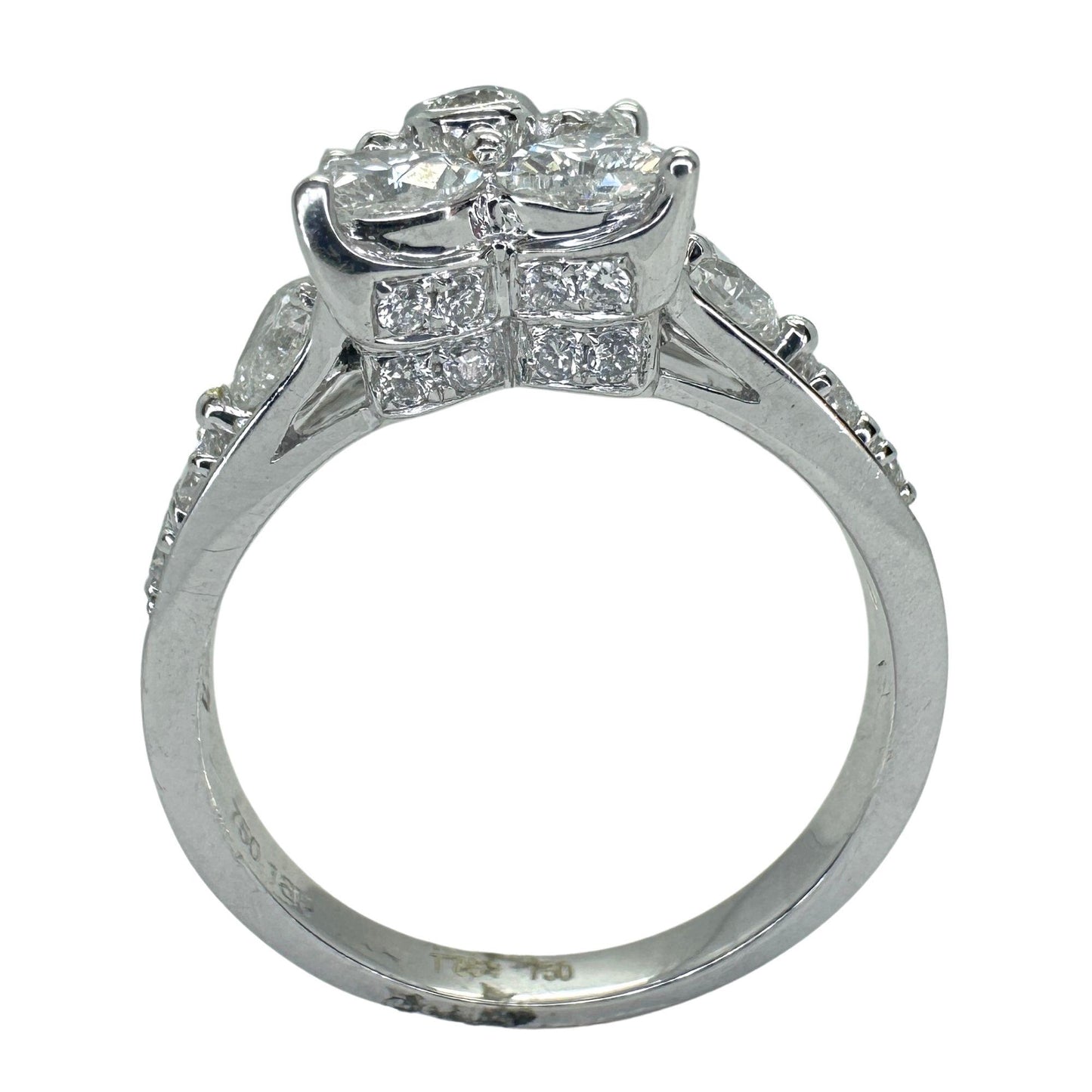 18k Diamond Ring with Floral Design and Side Heart Shaped Diamonds.