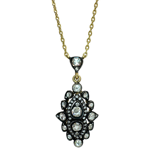 18k Yellow Gold and Silver Top Rose Cut Diamond Necklace