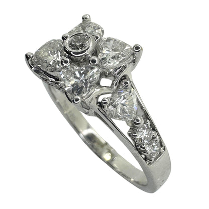 18k Diamond Ring with Floral Design and Side Heart Shaped Diamonds.