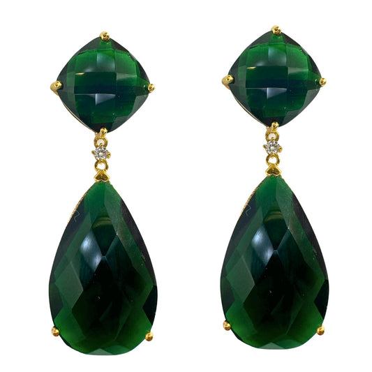 14k Diamond and Lab Grown Green Stone Dangle Earrings