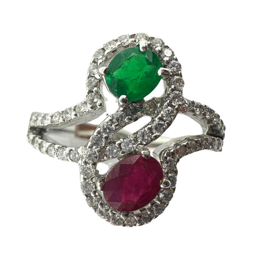 18K White Gold Diamond, Emerald and Ruby Ring