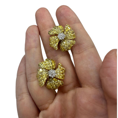 18K Yellow Gold Diamond and Yellow Sapphire Flower Earrings