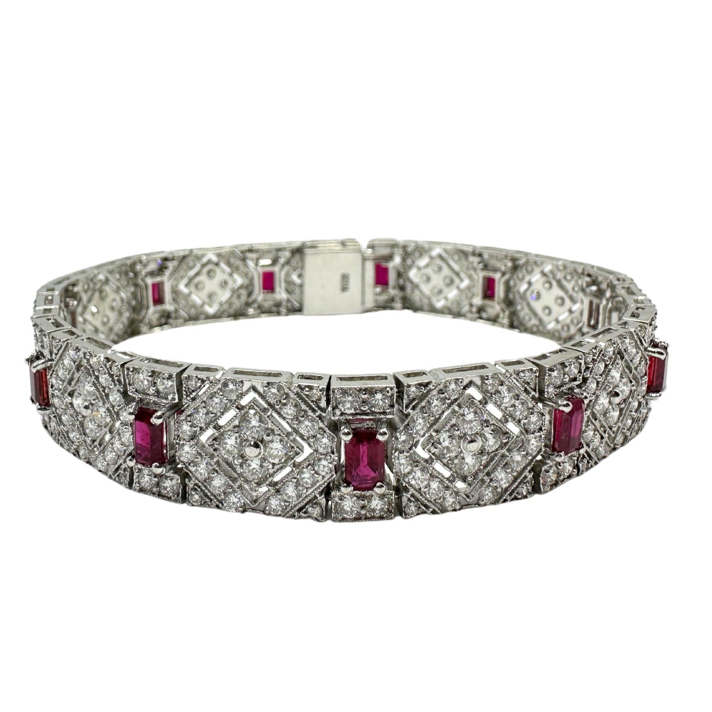 Vintage Inspired 18K 3.61 Carat Emerald Cut Ruby and Diamond Bracelet