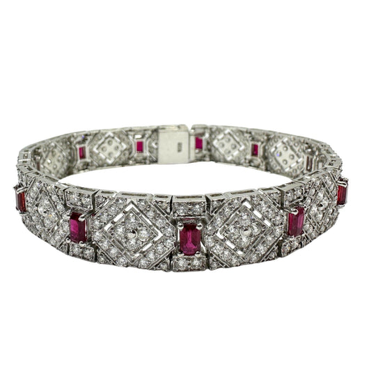 Vintage Inspired 18K 3.61 Carat Emerald Cut Ruby and Diamond Bracelet