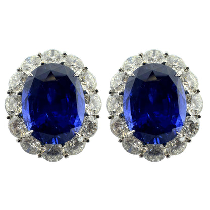 Platinum Sri Lanka Heated Sapphire and Diamond Cluster Earrings