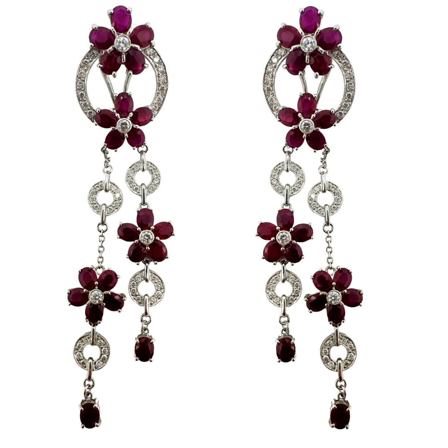 14K White Gold Diamond and 19.71 Carat Oval Ruby Flower Drop Earrings