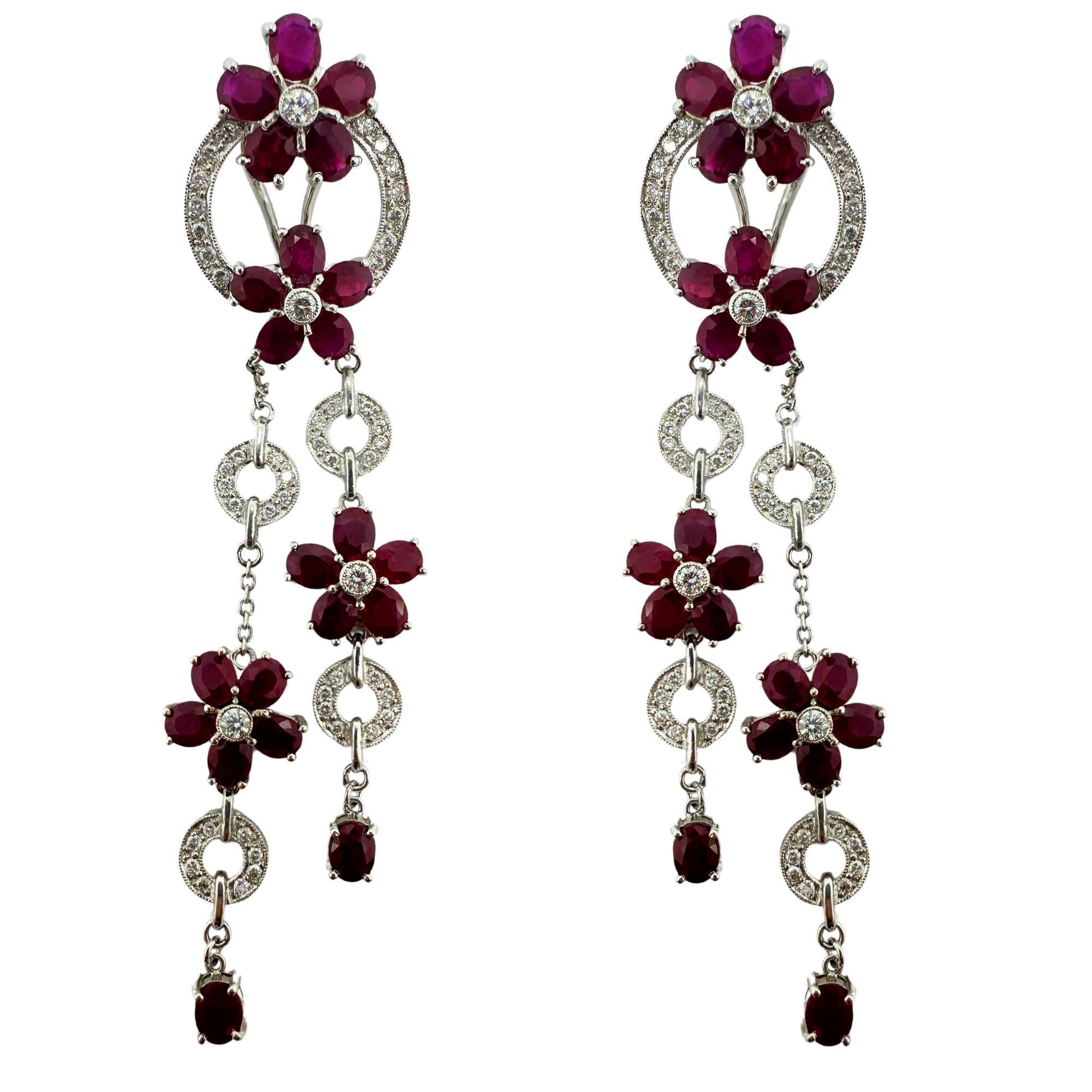 14K White Gold Diamond and 19.71 Carat Oval Ruby Flower Drop Earrings