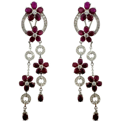 14K White Gold Diamond and 19.71 Carat Oval Ruby Flower Drop Earrings