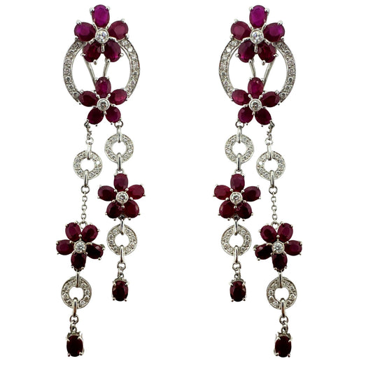 14K White Gold Diamond and 19.71 Carat Oval Ruby Flower Drop Earrings