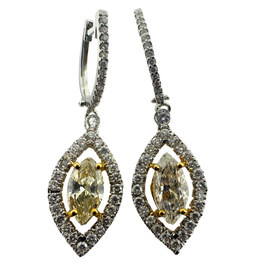 18K Two Tone Marquise Cut Yellow Diamond and White Diamond Earrings