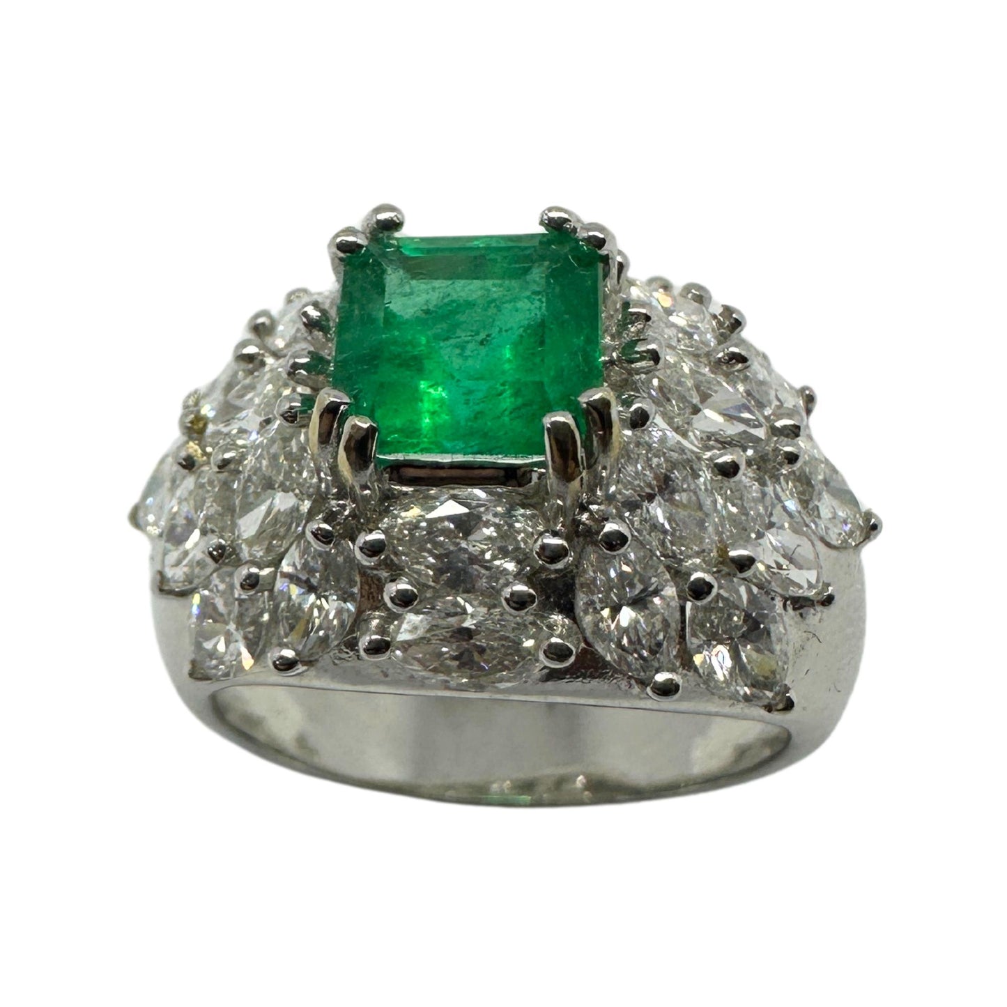 18k White Gold Marquise Cut Diamond and Emerald Ring