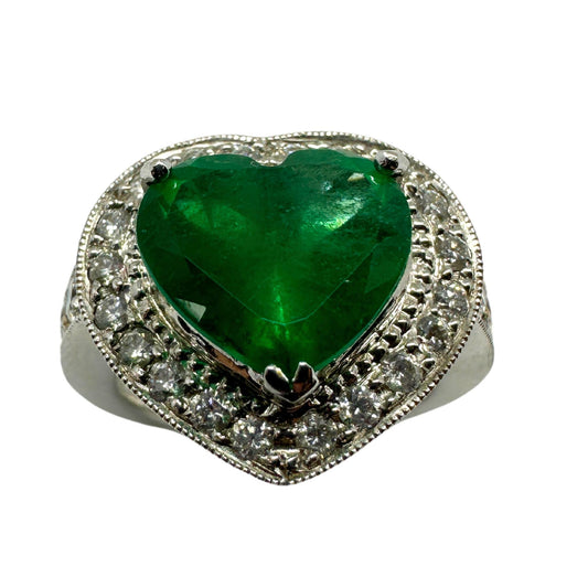 18k Heart Shaped Diamond and Emerald Ring