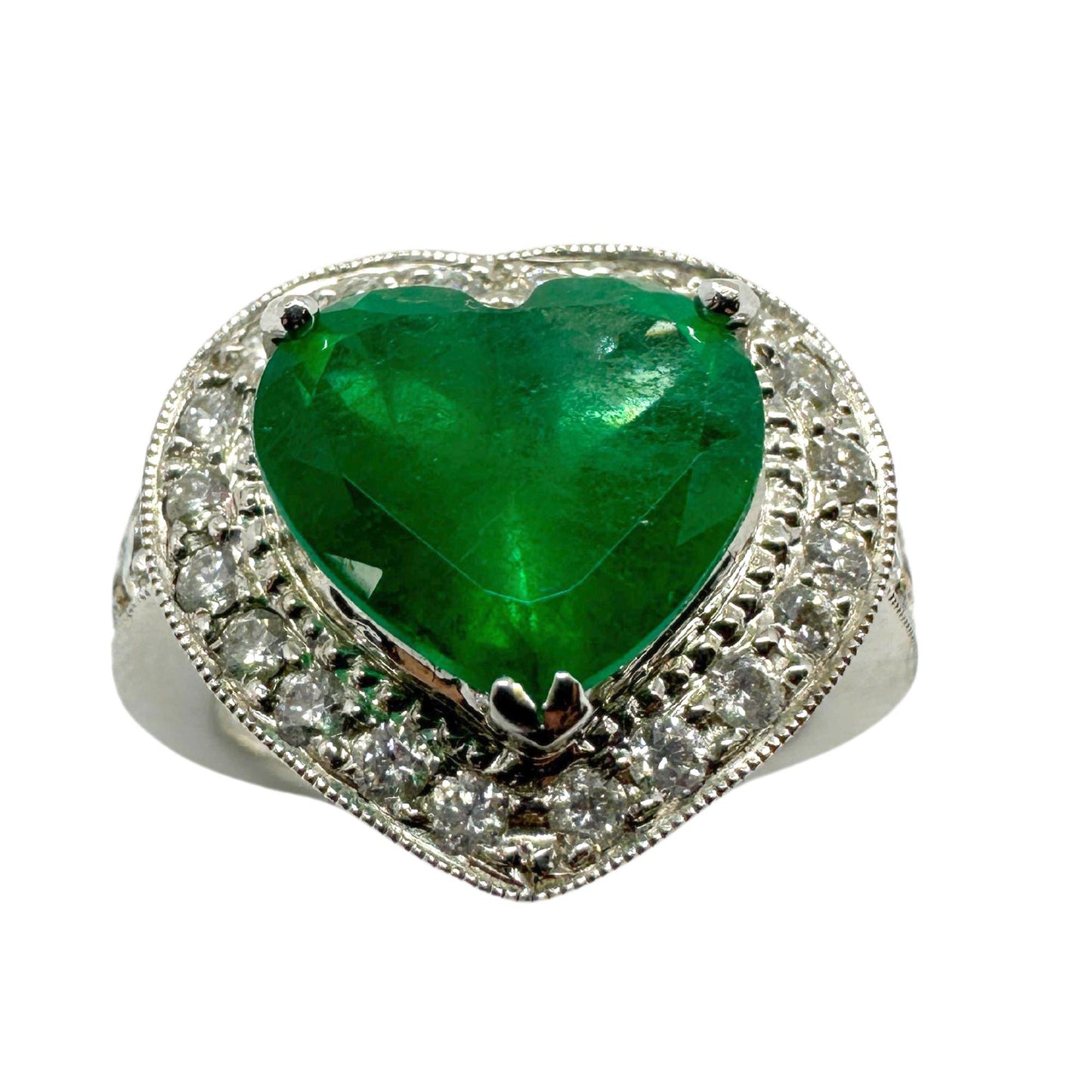 18k Heart Shaped 3.63 Carat Emerald and Diamond Ring
