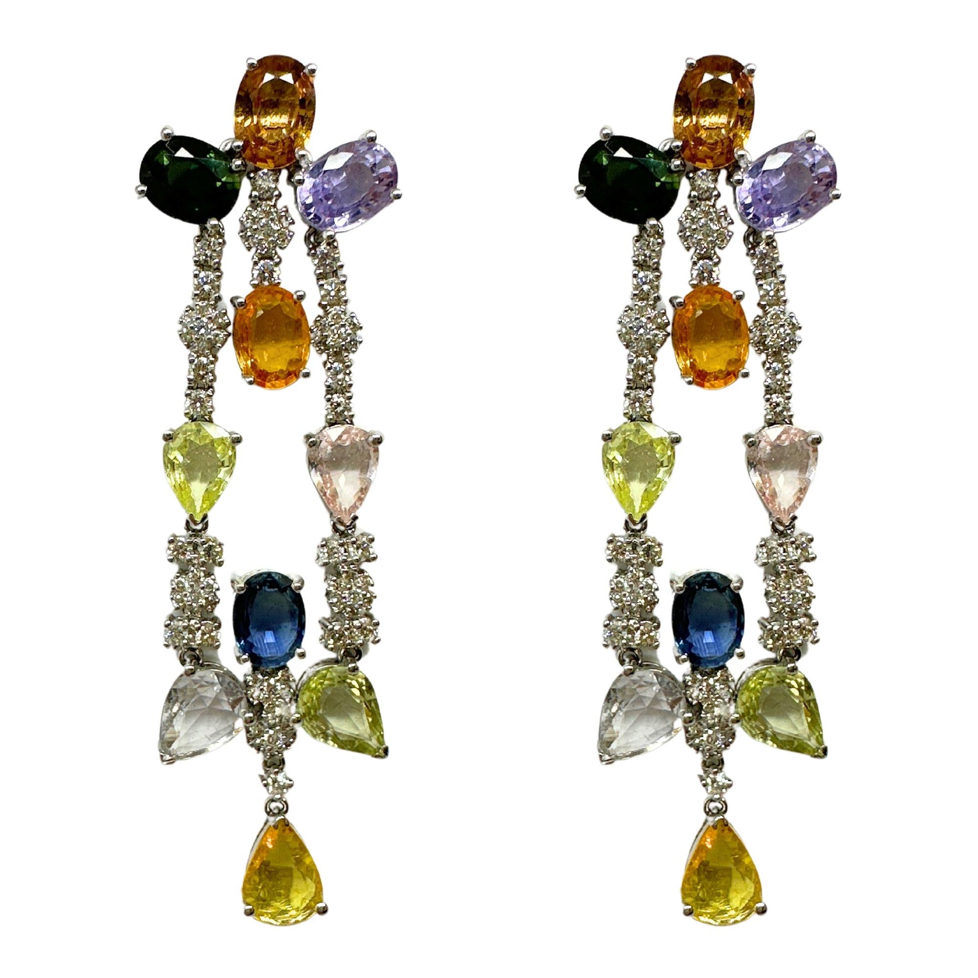 18k White Gold Multicolor Sapphire Drop Earrings