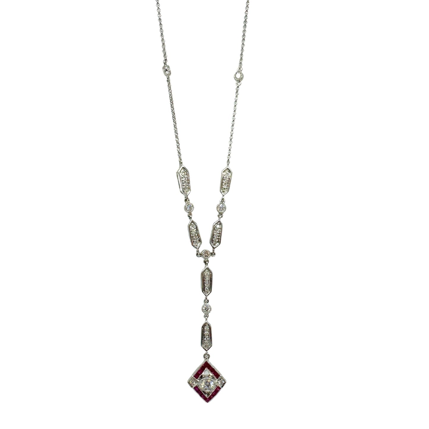 Estate 18K White Gold Diamond and Ruby Y-Necklace