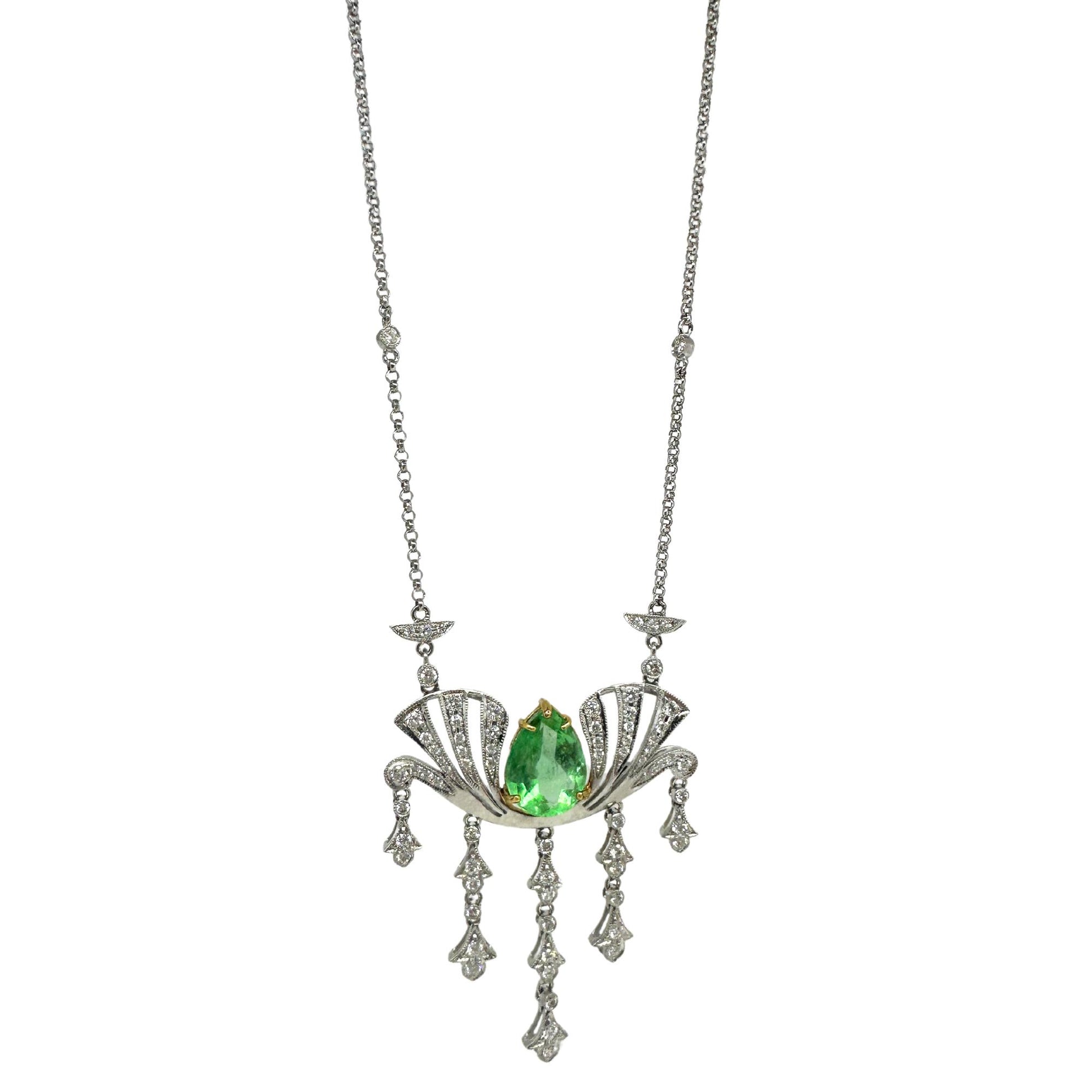 18K White Gold Diamond and Pear Cut Emerald Necklace