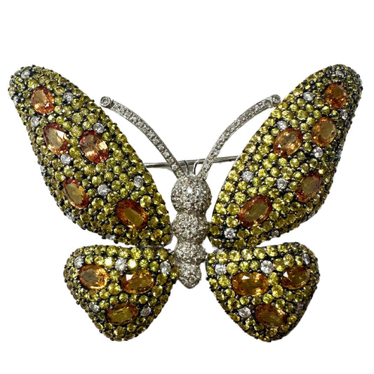 18K White Gold Diamond and Yellow Sapphire Butterfly Brooch