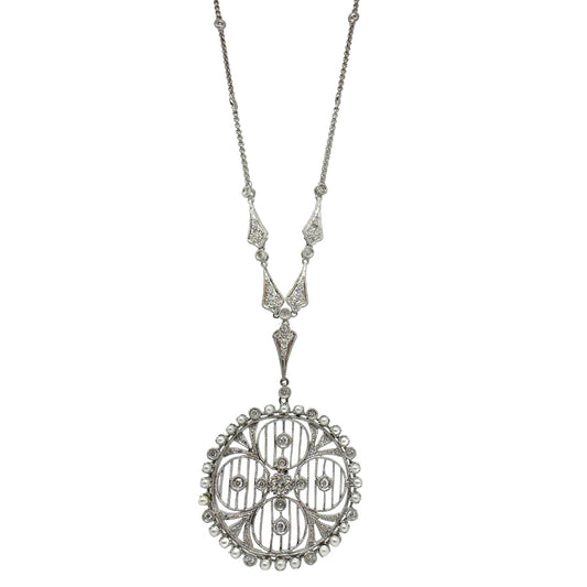 Edwardian-Inspired 18k White Gold Diamond and Pearl Filigree Pendant Necklace