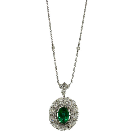 18K White Gold Marquise Cut Diamond and Oval Emerald Necklace