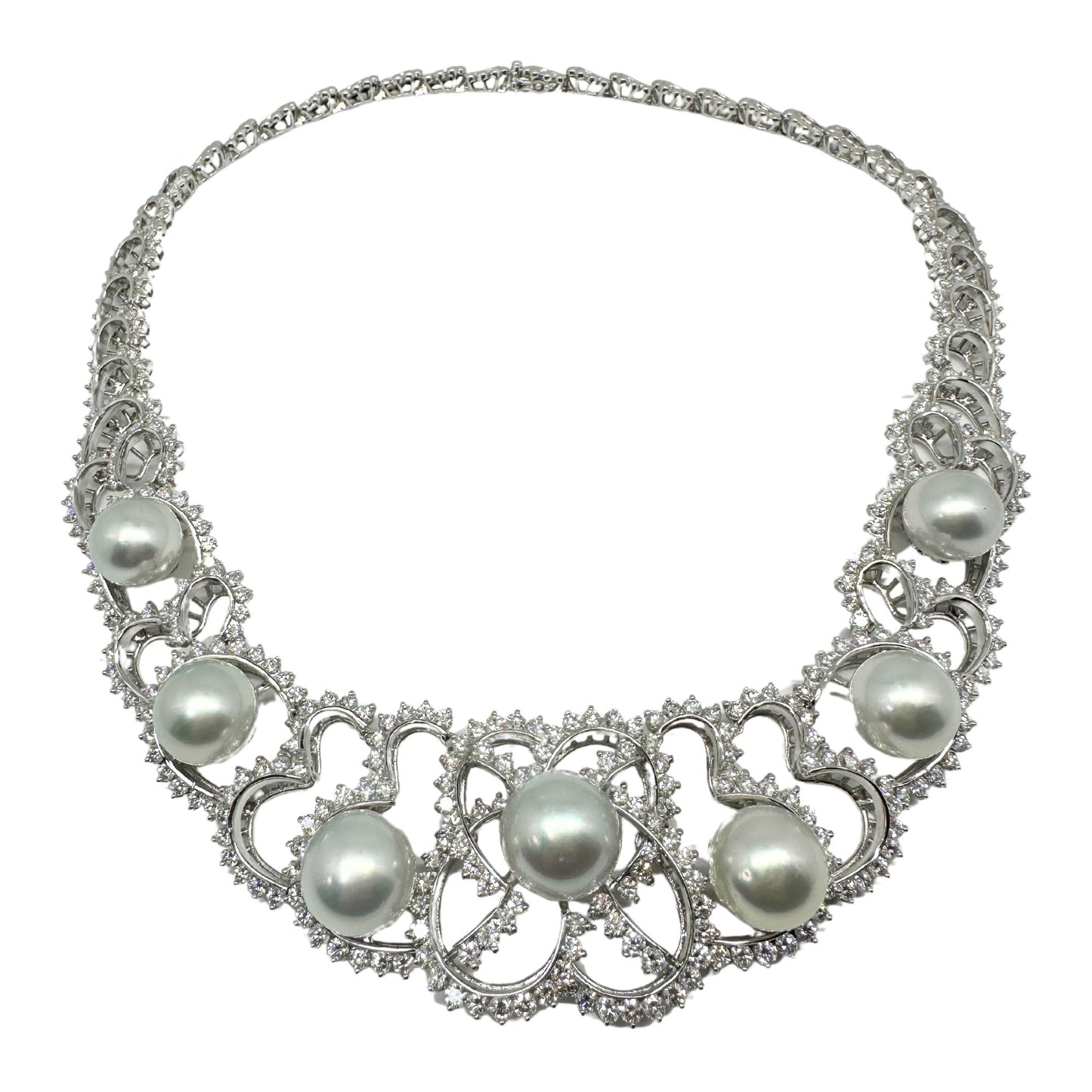 18K White Gold Diamond and Pearl Choker Necklace