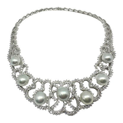 18K White Gold Diamond and Pearl Choker Necklace